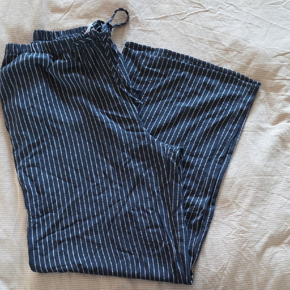 Navy Linen Blend Lounge Pants with White Stripes Waist 15" Unstretched